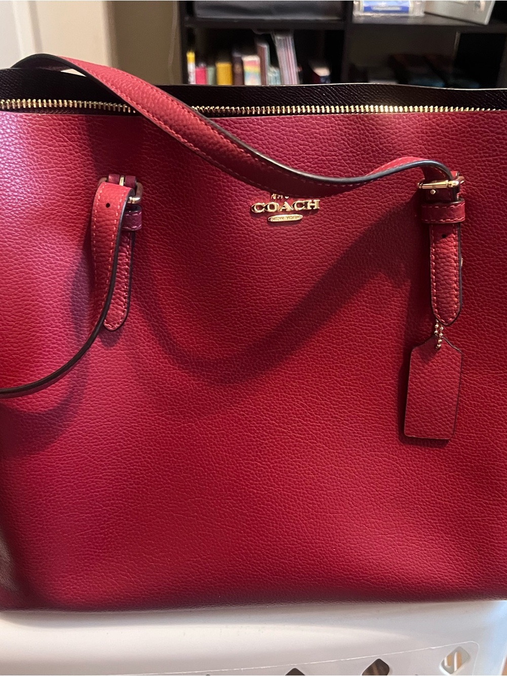 COACH Cherry Red Pebbled Leather Tote with Gold Hardware